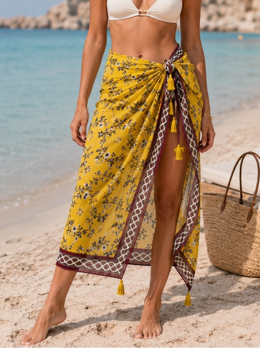 Tory Burch Yellow Floral Print Cotton Pareo Sarong NWT Tassels-Beach Cover Up